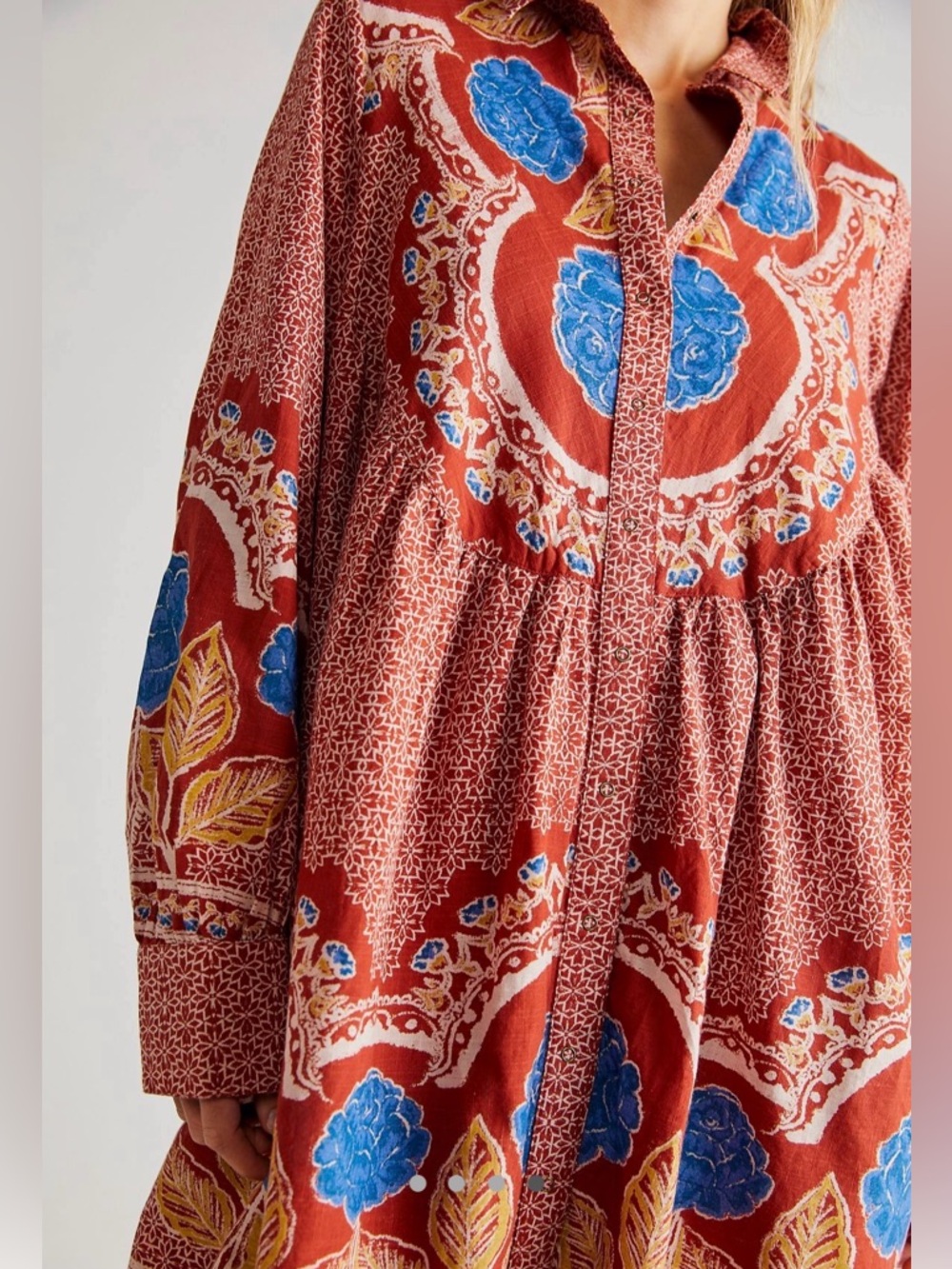 Free People Red Floral Border Print Dress with Blue Accents - Picture 4 of 7